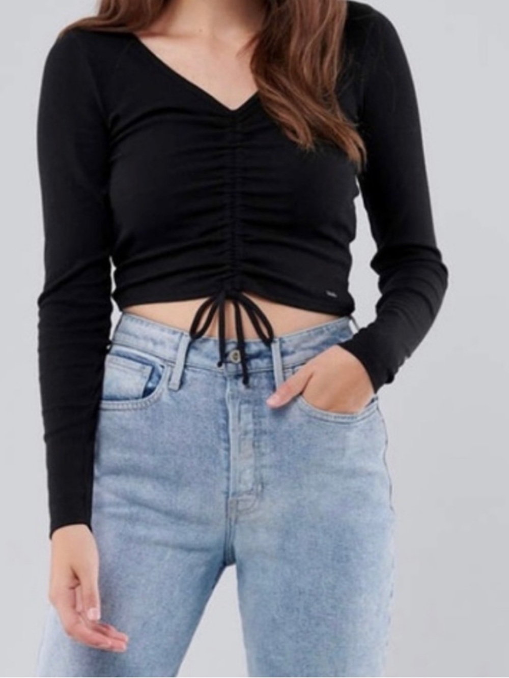 Hollister Black Ruched Long-Sleeve Crop Top Drawstring Soft Stretch Y2K Size XXS